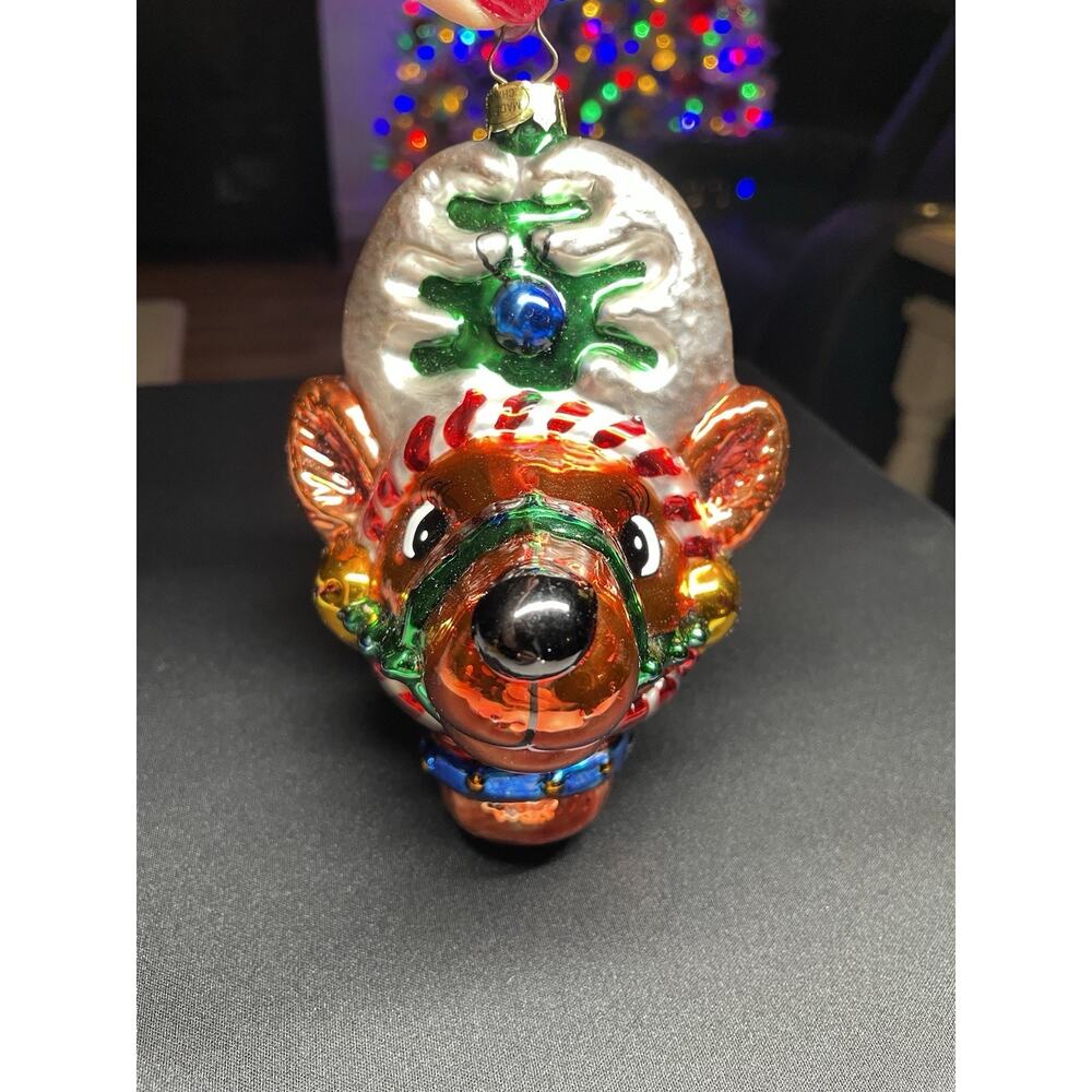 Vintage 2003 Mark Klaus Faces Full of Festive Joy Reindeer Blown Glass Ornament - Picture 3 of 6